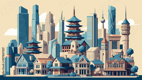 Diverse cityscape with modern and traditional architecture in flat style