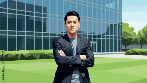 Confident professional standing with arms crossed in front of modern office building