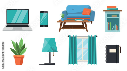 Modern home office elements with furniture and tech devices in flat style