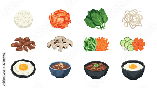 Asian cuisine ingredients set: rice, kimchi, vegetables, and noodles in flat design