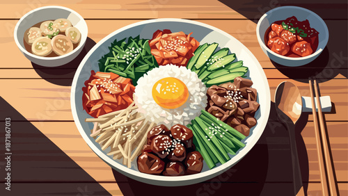 Colorful korean bibimbap dish with ingredients and egg in modern flat design