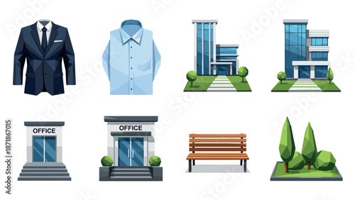 Business attire and modern office building set in low poly style