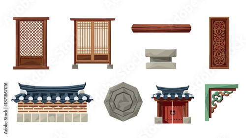 Traditional asian architectural elements collection featuring stylized wood and stone designs