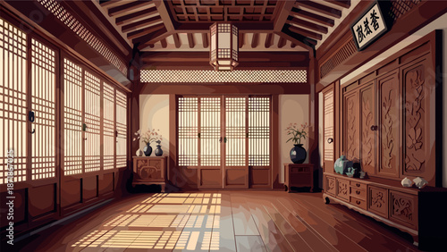 Traditional korean interior with wooden furniture and decorative elements in sunlit room
