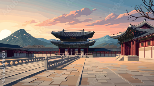 Traditional asian architecture at sunrise in serene mountain landscape
