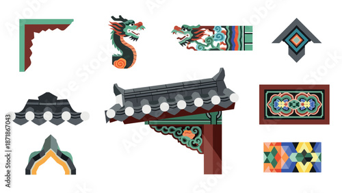 Traditional korean architecture elements with colorful geometric patterns