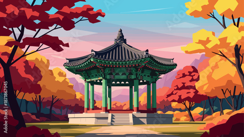 Traditional korean pavilion in vibrant autumn landscape with colorful foliage and mountain view