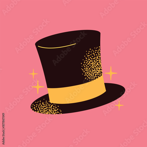 Magician Black Top Hat. Whimsical Circus Style Headwear Icon for Magic Show, Kids Birthday Party Invitation, Carnival Event and Theatre Poster. Flat illustration design magic performance and illusion