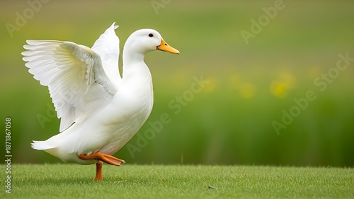 White duck balancing on one leg with wings spread on vibrant green grass.
