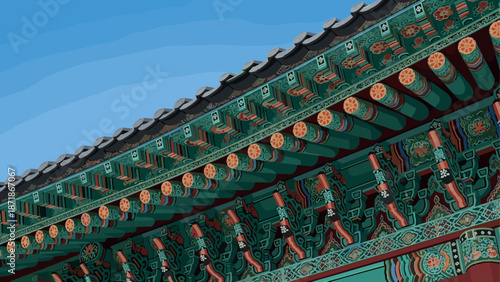 Korean temple rooftop with vibrant patterns and intricate architectural details