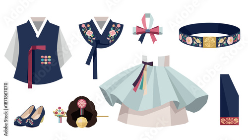 Traditional korean hanbok elements illustration with accessories in flat style