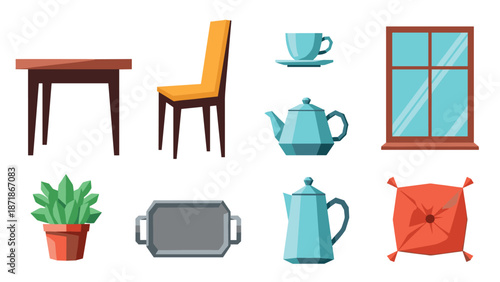 Flat style interior items collection featuring furniture, teapots, and home decor