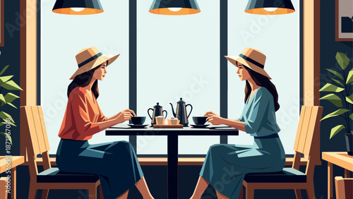 Relaxed cafe conversation between women in modern flat design