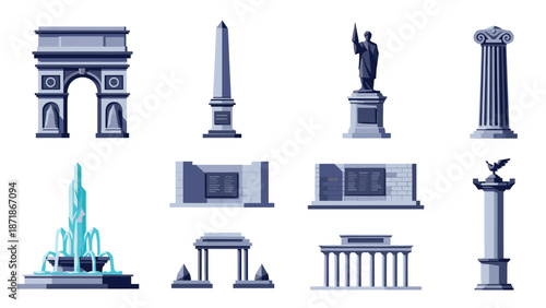 Collection of iconic monuments and structures in simplistic flat design
