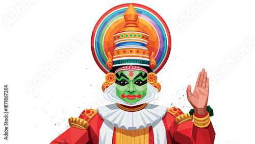 Vibrant kathakali performer in traditional colorful costume on white background