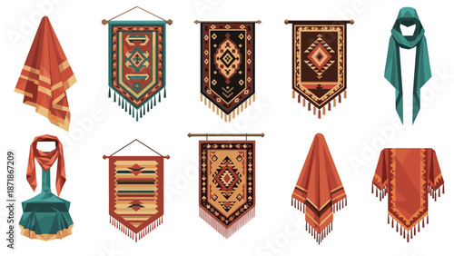 Colorful geometric tapestry and scarf collection with ethnic patterns