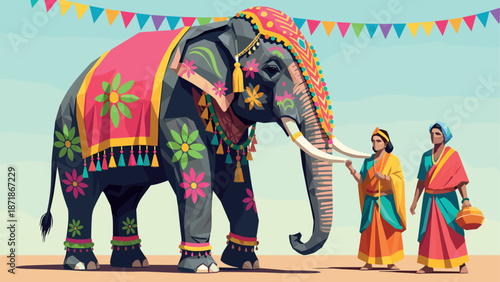 Colorful festival elephant with traditional decorations and people in vibrant attire