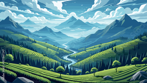 Majestic mountain landscape with verdant valleys and serene river scene