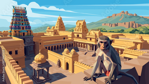Geometric monkey and ancient architecture in vibrant landscape