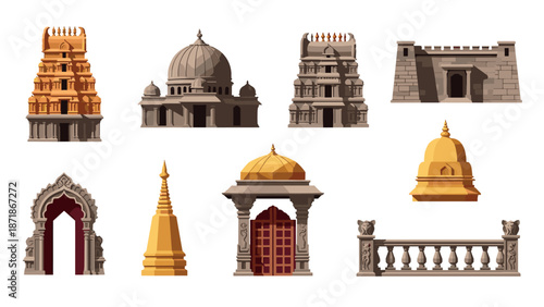 Iconic indian architecture collection: flat style landmarks and religious structures