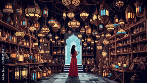 Mystical lantern bazaar: a woman in a red dress amidst vibrant hanging lanterns
