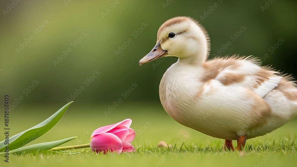 Obraz premium Adorable duckling curiously observing a pink tulip on fresh green grass.