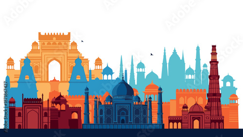 Colorful silhouette of iconic indian landmarks in vibrant layers
