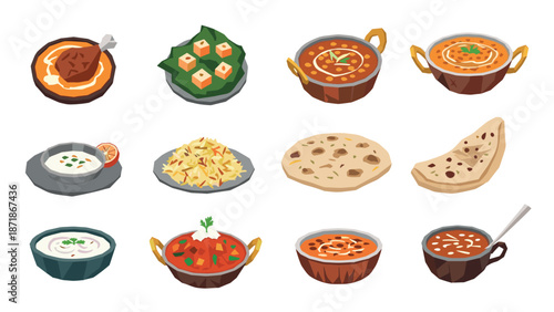 Diverse array of traditional indian dishes in vibrant cartoon style