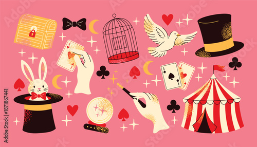 Magic show objects set rabbit in hat, playing cards, magician hands, wand, dove, circus tent, birdcage, chest and top hat on background. Flat illustration design magic performance and illusion concept
