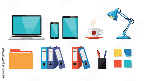 Modern office essentials collection featuring technology and stationery items in flat design