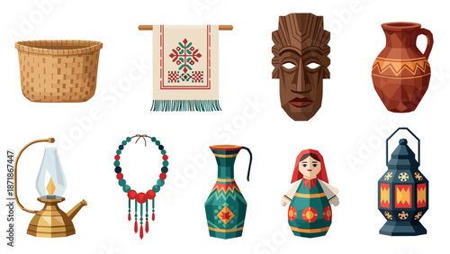 Cultural artifacts set: traditional crafts and handmade decorations