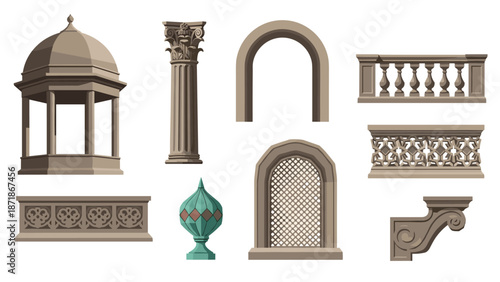 Classical architectural elements in flat design: columns, arches, and balustrades