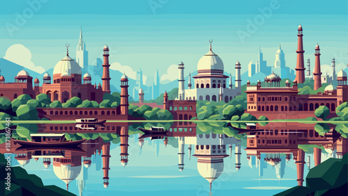 Colorful flat landscape of historic indian architecture by a calm lake