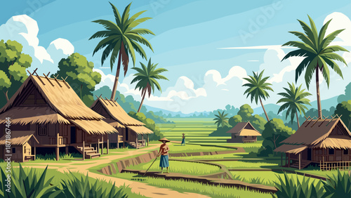 Idyllic countryside: rural life in a tropical paradise with traditional huts and green rice fields