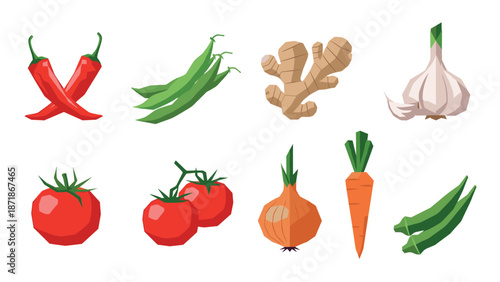 Low poly vegetables set with chili, tomatoes, and ginger on white background