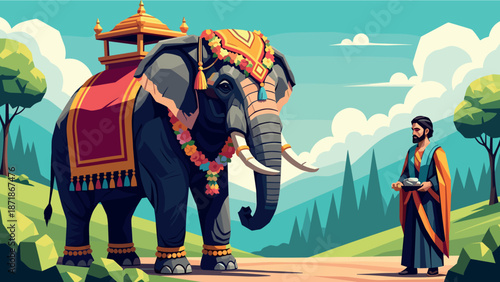 Vibrant scene of an elephant with ornate attire in a colorful landscape