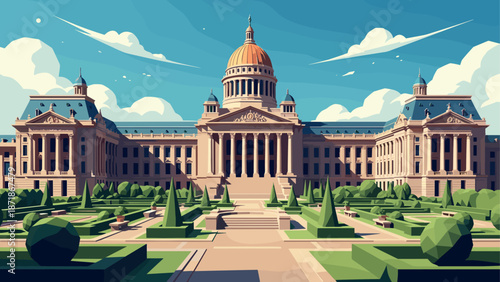 Grand neoclassical building with dome and gardens in artistic style