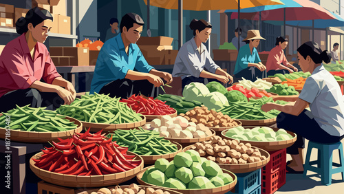 Bustling asian market scene with fresh vegetables in a vibrant morning setting