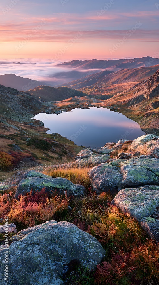 Naklejka premium Mountain lake sunset with fog and ferns