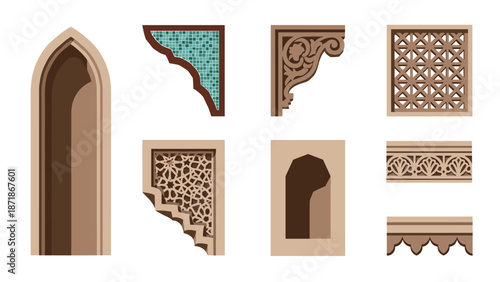 Arabesque design elements with intricate geometric patterns and architectural details