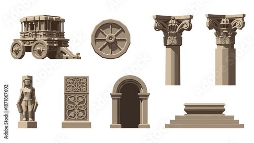 Ancient roman architecture elements: columns, archway, chariot, statue, frieze in 3d style