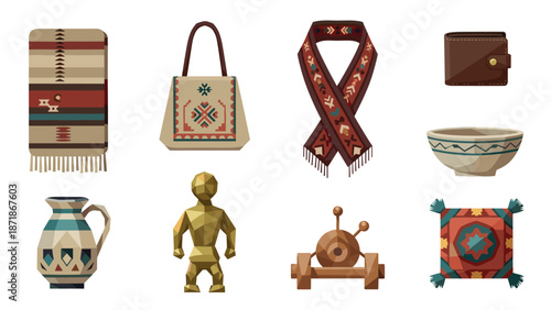 Traditional crafts and accessories with geometric designs and earthy colors