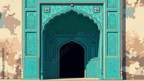 Ornate islamic architecture with turquoise archway and intricate patterns