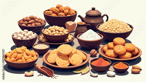 Traditional middle eastern dessert and spice feast: aromatic ingredients and sweets displayed in rustic bowls