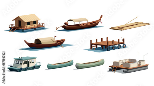 Flat style watercraft collection: boats, canoes, houseboat, and raft designs