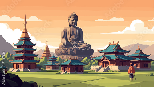 Peaceful scene of buddhist temple and buddha statue at sunset