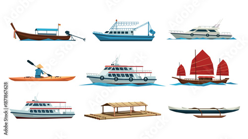Collection of various boats in flat design with diverse styles and cultural elements