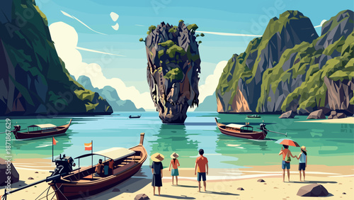 Scenic tropical beach with limestone cliffs and boats under clear blue sky