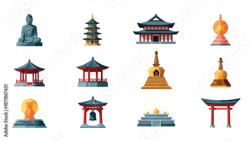 Colorful flat icons of asian temples and statues with geometric designs