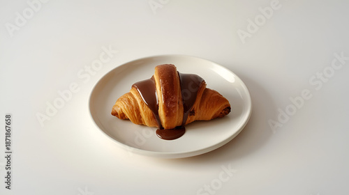 A Decadent Delight: Croissant with Rich Chocolate Drizzle on a White Plate, Perfect for a Sweet Treat or Breakfast